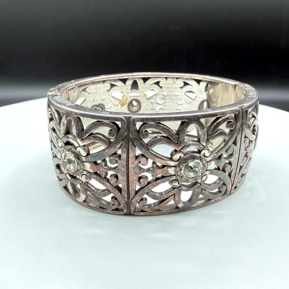 Brighton Silver Tone Filigree Floral Crystal Wide Stretch Bracelet Statement